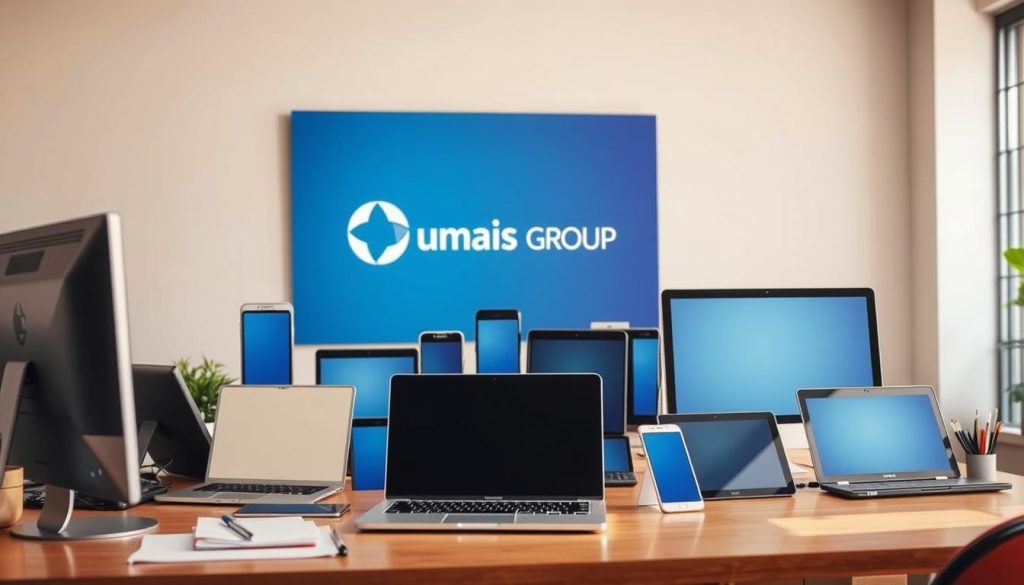 A professional business setting with a desk, computer, and office supplies in the foreground. In the middle ground, an array of laptop computers, smartphones, and tablets representing various digital platforms. In the background, the Umalis Group logo prominently displayed, conveying a sense of trust and reliability. The lighting is warm and natural, creating a welcoming and productive atmosphere. The overall composition suggests the careful selection of the right digital service platform to support freelance professionals, in line with the article's subject matter.