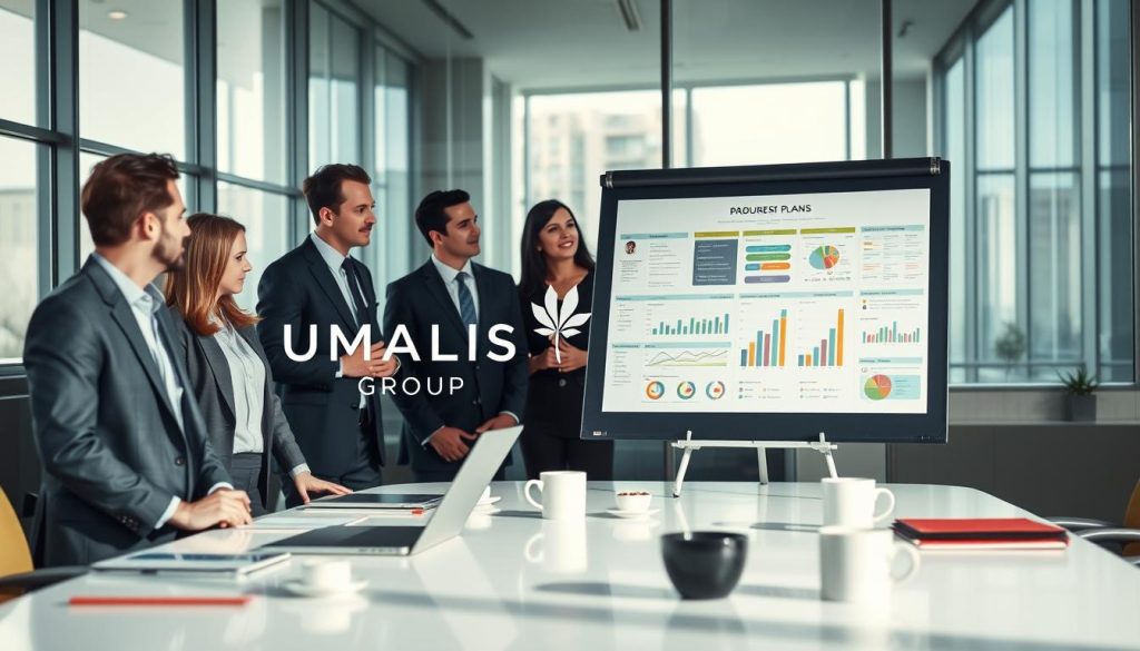 A professional business setting with a diverse group of four consultants, dressed in smart business attire, engaged in a brainstorming session. In the foreground, a large presentation board displays a colorful, detailed business plan and projected budget scenarios with graphs and charts. The middle layer features an elegant conference table scattered with laptops, notepads, and coffee cups, indicating an active discussion environment. The background showcases a modern office with large windows letting in natural light, casting soft shadows. The overall mood is focused and collaborative, emphasizing teamwork and strategic planning. Include the logo of "UMALIS GROUP" subtly integrated into the scene, and ensure the lighting is bright and inviting, capturing the essence of a professional workspace.