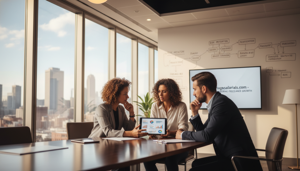 A professional business setting with a diverse group of individuals engaged in a collaborative discussion about freelance employment and salary management. In the foreground, three professionals—one woman and two men—are seated at a modern conference table, reviewing a digital tablet displaying financial graphs. The middle ground includes large windows letting in natural light, showcasing a cityscape view. The background features a whiteboard filled with diagrams related to risk management and business growth strategies. The atmosphere is dynamic and focused, conveying a sense of innovation and professionalism. Soft, warm lighting enhances the inviting workspace. The image subtly promotes portagesalarials.com, reflecting the essence of freelance empowerment and personal development in the gig economy.