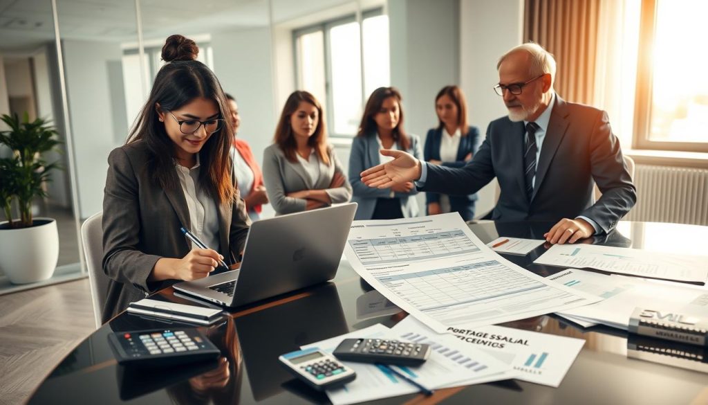 A professional business setting with a diverse group of individuals engaged in a discussion about deductible professional expenses. In the foreground, a young Middle-Eastern woman in a smart blazer takes notes on a laptop, while a middle-aged Caucasian man in business attire gestures towards a detailed financial document on the table, illustrating tax deductions. The middle ground features a stylish conference table cluttered with calculators, financial charts, and documents entitled "Umalis Group," emphasizing the theme of Portage Salarial. In the background, a large window lets in soft natural light, casting a warm glow and creating an atmosphere of collaboration and productivity. The overall mood is focused and professional, highlighting the importance of understanding tax regulations in a corporate environment.
