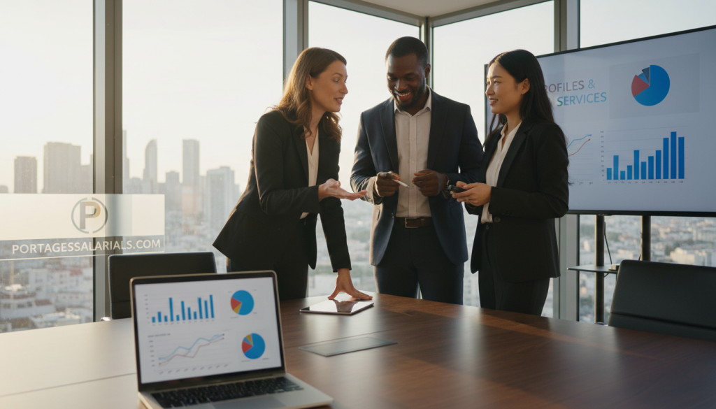 A professional business setting with a diverse group of three individuals: a Caucasian woman, a Black man, and an Asian woman, all dressed in smart business attire, collaborating around a sleek conference table. The foreground includes a laptop open with graphs and charts displayed. In the middle, the trio engages energizingly, discussing their profiles and service offerings, gesturing towards the charts with enthusiasm. The background features a large window showcasing a modern city skyline bathed in warm, natural light, which creates an inviting and dynamic atmosphere. The overall mood is one of professionalism and collaboration, emphasizing the importance of defining one's profile to attract suitable business opportunities. Include subtle branding elements for portagesalarials.com in the conference room decor, reinforcing the purpose of the discussion. A professional business setting with a diverse group of three individuals: a Caucasian woman, a Black man, and an Asian woman, all dressed in smart business attire, collaborating around a sleek conference table. The foreground includes a laptop open with graphs and charts displayed. In the middle, the trio engages energizingly, discussing their profiles and service offerings, gesturing towards the charts with enthusiasm. The background features a large window showcasing a modern city skyline bathed in warm, natural light, which creates an inviting and dynamic atmosphere. The overall mood is one of professionalism and collaboration, emphasizing the importance of defining one's profile to attract suitable business opportunities. Include subtle branding elements for portagesalarials.com in the conference room decor, reinforcing the purpose of the discussion.