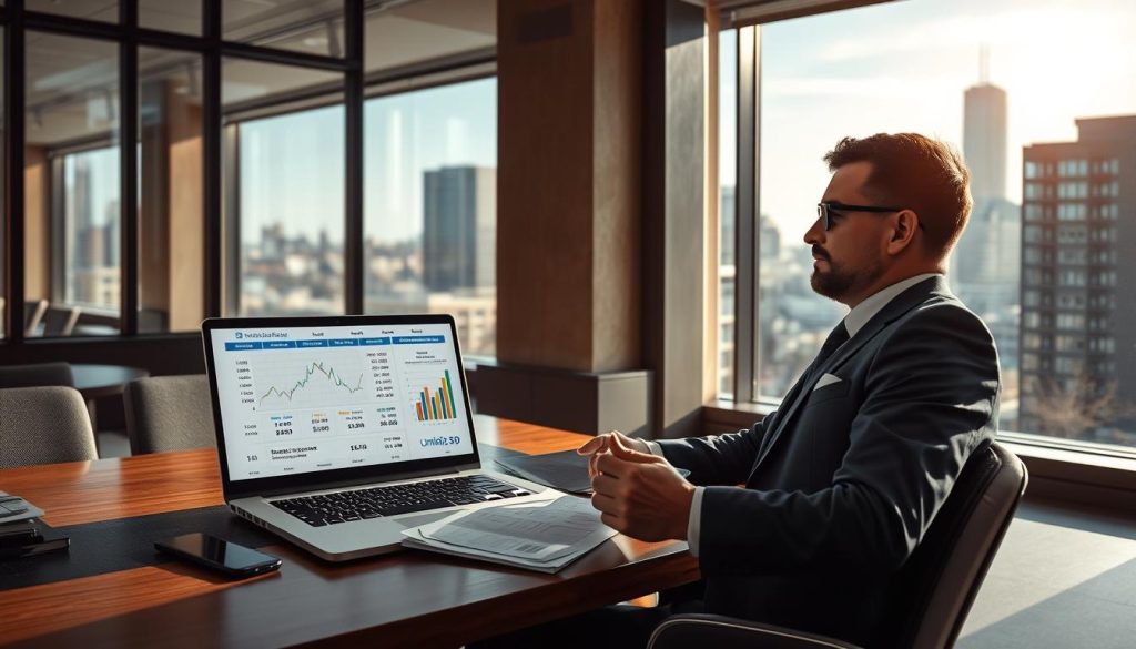 A professional business setting with a focus on optimizing the daily rate (TJM) for a freelance or contract role. The scene depicts a modern office environment with large windows allowing natural light to pour in, creating a warm and productive atmosphere. On the desk, a laptop displays financial calculations and projections related to optimizing the TJM, with the Umalis Group logo prominently displayed. The foreground features a thoughtful, well-dressed professional reviewing documents, while the background showcases the city skyline, symbolizing the broader opportunities in the salarial portage sector. A professional business setting with a focus on optimizing the daily rate (TJM) for a freelance or contract role. The scene depicts a modern office environment with large windows allowing natural light to pour in, creating a warm and productive atmosphere. On the desk, a laptop displays financial calculations and projections related to optimizing the TJM, with the Umalis Group logo prominently displayed. The foreground features a thoughtful, well-dressed professional reviewing documents, while the background showcases the city skyline, symbolizing the broader opportunities in the salarial portage sector.