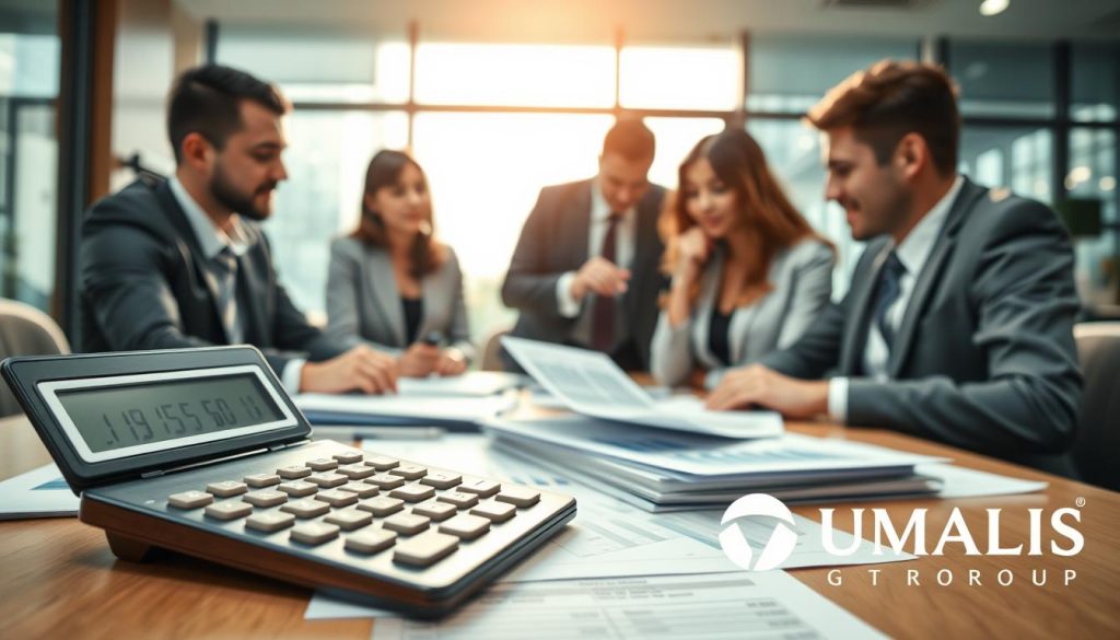 A professional business setting with a focus on the concept of "IJ SJR calcul." In the foreground, a sleek calculator displays figures related to daily allowances, surrounded by neatly arranged financial documents. The middle ground features a diverse group of business professionals in smart attire, engaged in thoughtful discussion over financial calculations and graphs. In the background, a modern office space with large windows letting in soft, natural light, creating a warm and inviting atmosphere. The overall mood is productive and collaborative, emphasizing the importance of financial security in a flexible career. Include the logo of "UMALIS GROUP" subtly in the corner, ensuring it remains non-intrusive and elegantly integrated into the scene.