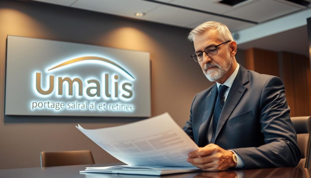 A professional business setting with a middle-aged man in a tailored suit, seated at a desk, reviewing retirement plan documents. The room is well-lit with warm, natural lighting filtering through large windows. In the background, a sleek Umalis Group logo is prominently displayed on the wall, signifying the company's expertise in "portage salarial et retraite". The man's expression is thoughtful, reflecting the intricacies of the retirement planning process. The overall atmosphere conveys a sense of expertise, professionalism, and financial security.