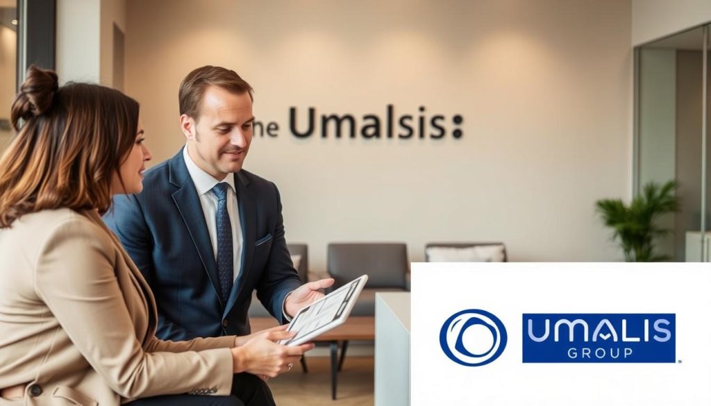 A professional business setting with a well-dressed executive assisting a client during a consulting session. The scene features a warm, modern office environment with sleek furniture, soft lighting, and muted colors. The Umalis Group logo is prominently displayed, indicating the company's expertise in professional services and flexible employment solutions. The consultant is engaged in an attentive discussion, gesturing towards informative materials on a tablet, conveying a sense of guidance and personalized attention. The client appears confident and receptive, signaling the tailored support provided by the Umalis Group's professional accompaniment services.