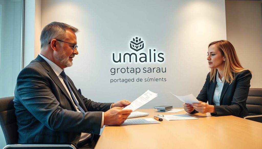 A professional business transaction taking place in a modern office setting. In the foreground, a middle-aged man in a suit sits at a desk, reviewing financial documents. Across from him, a younger woman in business attire sits, discussing payment details. The overall lighting is bright and warm, creating a professional yet approachable atmosphere. The Umalis Group logo is prominently displayed on the wall behind them, indicating this is a consultation related to their "portage salarial" services. The scene conveys a sense of expertise, trust, and attention to financial matters.