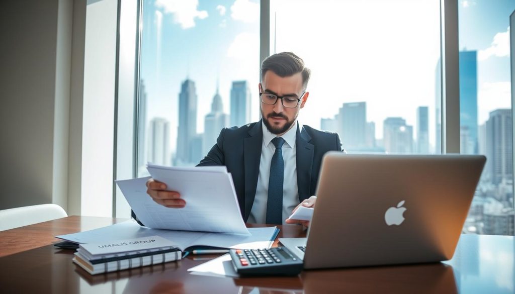 A professional businessman sitting at a modern desk, reviewing financial documents and calculating net salary figures, surrounded by a laptop, a notepad, and a calculator. In the background, a large window reveals a cityscape with tall buildings under a bright blue sky, creating a sense of optimism and ambition. Soft, natural lighting illuminates the scene, enhancing the professional atmosphere. The businessman is dressed in a sharp suit and tie, exuding confidence and professionalism. A subtle logo of "UMALIS GROUP" is present on a notebook or digital document on the desk. The overall mood is focused and empowering, reflecting the importance of defining financial goals in a business context. A professional businessman sitting at a modern desk, reviewing financial documents and calculating net salary figures, surrounded by a laptop, a notepad, and a calculator. In the background, a large window reveals a cityscape with tall buildings under a bright blue sky, creating a sense of optimism and ambition. Soft, natural lighting illuminates the scene, enhancing the professional atmosphere. The businessman is dressed in a sharp suit and tie, exuding confidence and professionalism. A subtle logo of "UMALIS GROUP" is present on a notebook or digital document on the desk. The overall mood is focused and empowering, reflecting the importance of defining financial goals in a business context.