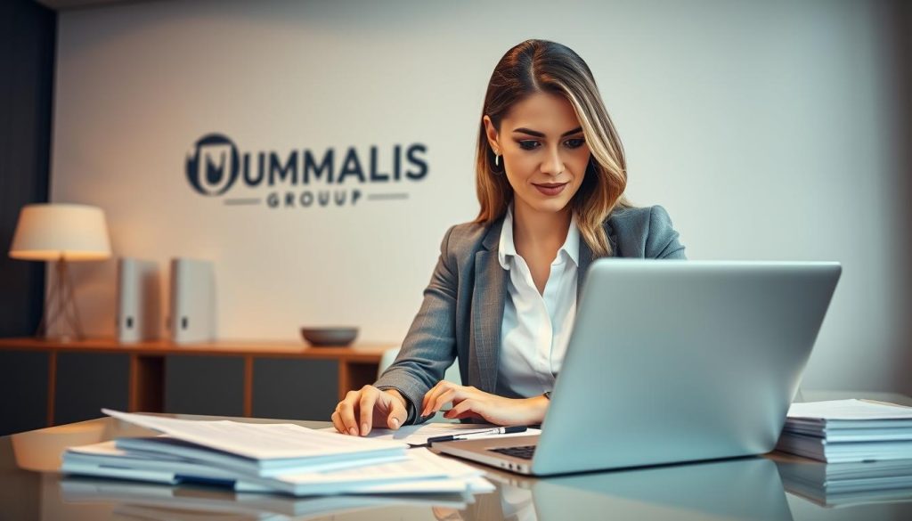 A professional businesswoman in a chic, modern office diligently managing her "suivi mission portage salarial" on a sleek laptop, surrounded by organized folders and documents. Warm, directional lighting highlights her focused expression as she reviews financial records and client contracts. In the background, the UMALIS GROUP logo is prominently displayed, signifying her affiliation with this leading employment services provider. The overall scene conveys a sense of efficiency, attention to detail, and the seamless execution of her "prestation" duties.