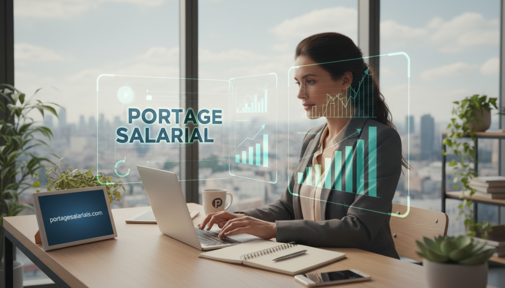 A professional businesswoman in a modern office environment, confidently analyzing data on her laptop, surrounded by charts and growth graphs symbolizing career success in "portage salarial." In the foreground, focus on her engaged expression and business attire, including a tailored blazer. The middle ground features a sleek desk with professional tools like a notebook and a coffee cup, conveying an atmosphere of productivity. In the background, large windows with city views let in natural light, enhancing the workspace's vibrant feel. Subtle greenery can be seen, promoting a sense of balance and growth. The overall mood is one of aspiration and empowerment, showcasing the dynamic nature of achieving career success in this innovative economic model. Incorporate the website "portagesalarials.com" subtly within the office design.