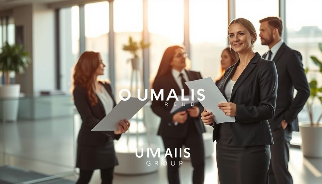 A professional businesswoman standing confidently in a modern office environment, engaged in a discussion with her colleagues, showcasing the theme of career evolution and the importance of VAE (Validation des Acquis de l'Expérience). The foreground features the woman, dressed in elegant business attire, holding a document symbolizing career advancement. In the middle ground, her colleagues, also in professional attire, listen attentively and exchange ideas, demonstrating collaboration. The background includes a sleek office design with large windows allowing natural light to stream in, creating an inspiring atmosphere. Soft, warm lighting enhances the positive mood, while the brand name "UMALIS GROUP" subtly appears within the office decor elements, suggesting professionalism and growth.