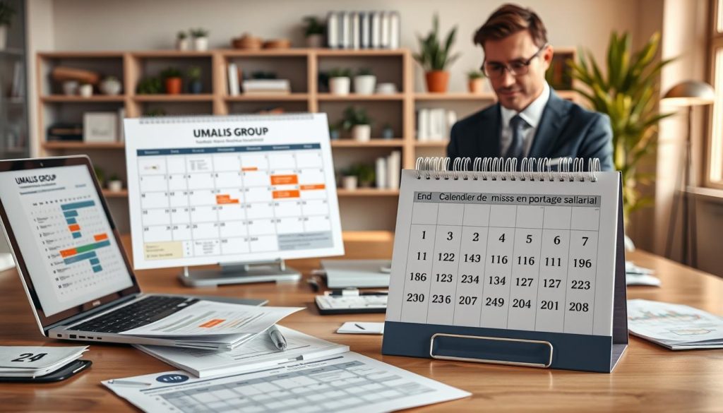A professional calendar setting depicting the "Calendrier de mission en portage salarial" for the end of 2026. In the foreground, a neatly organized desk featuring papers, a laptop displaying a spreadsheet, and a calendar with highlighted public holidays and vacation days. In the middle, a confident consultant in smart business attire is analyzing the calendar, surrounded by notes and graphs, reflecting a focused working environment. The background features a softly lit office space with shelving filled with professional books and plants, creating a warm yet productive atmosphere. The lighting is bright and inviting, suggesting a motivating workday. A subtle branding element of "UMALIS GROUP" is incorporated into the calendar design.