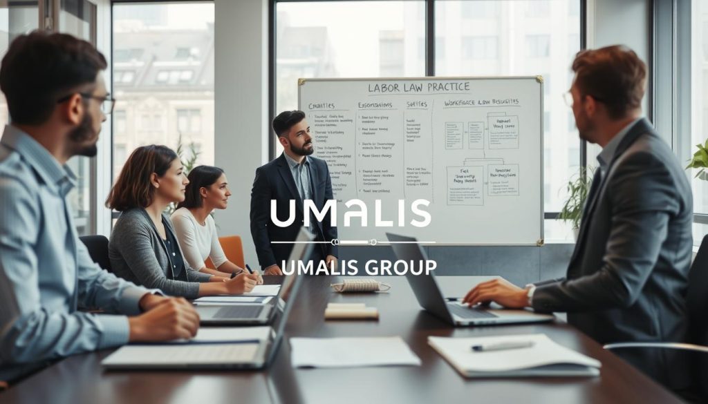 A professional, calm office environment showcasing a diverse group of individuals engaged in a collaborative workspace. In the foreground, a well-dressed team of three people, two men and one woman, are discussing labor law practices around a conference table, with documents and laptops open in front of them. The middle ground features a large whiteboard with diagrams and key points about workplace rights and obligations. In the background, soft natural light pours in through large windows, illuminating the space and highlighting a modern office design. The atmosphere is focused and constructive, reflecting a sense of teamwork and professionalism. Include the brand name "UMALIS GROUP" subtly within the scene, ensuring it integrates seamlessly into the setting without any text overlays.