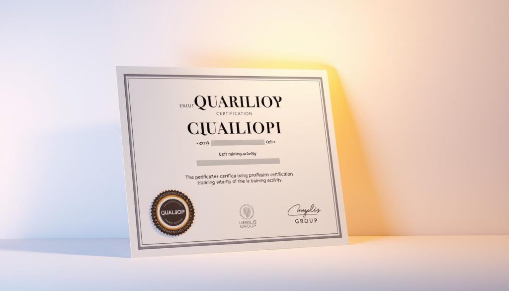 A professional certification in the form of a diploma or certificate, set against a soft, warm-toned background. The certificate is prominently displayed, with a seal or emblem denoting the "QUALIOPI" accreditation. The UMALIS GROUP logo is subtly incorporated, adding an air of credibility and expertise. Soft lighting casts a gentle glow, creating a sense of achievement and accomplishment. The overall composition conveys the value and importance of this professional certification in the context of optimizing training activities.