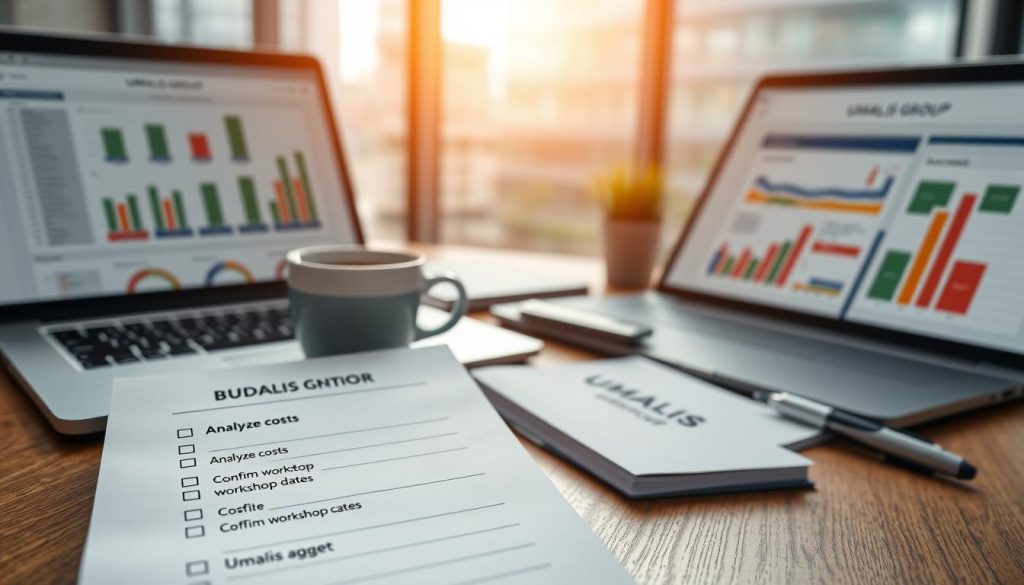 A professional checklist for a budget in an organizational mission, displayed prominently on a wooden desk. In the foreground, a detailed notepad with bullet points listed, showcasing items like "Analyze costs" and "Confirm workshop dates". Beside the notepad, a sleek laptop displays a spreadsheet with colorful graphs. In the middle, a cup of coffee sits next to a stylish pen, enhancing the work environment. In the background, a softly blurred window reveals a modern office building, filtering in natural sunlight that creates a warm atmosphere. Elements of organization and professionalism are emphasized. The scene conveys a sense of focus and preparation for the budget process. Include the brand name "UMALIS GROUP" subtly in the notepad design. A professional checklist for a budget in an organizational mission, displayed prominently on a wooden desk. In the foreground, a detailed notepad with bullet points listed, showcasing items like "Analyze costs" and "Confirm workshop dates". Beside the notepad, a sleek laptop displays a spreadsheet with colorful graphs. In the middle, a cup of coffee sits next to a stylish pen, enhancing the work environment. In the background, a softly blurred window reveals a modern office building, filtering in natural sunlight that creates a warm atmosphere. Elements of organization and professionalism are emphasized. The scene conveys a sense of focus and preparation for the budget process. Include the brand name "UMALIS GROUP" subtly in the notepad design.