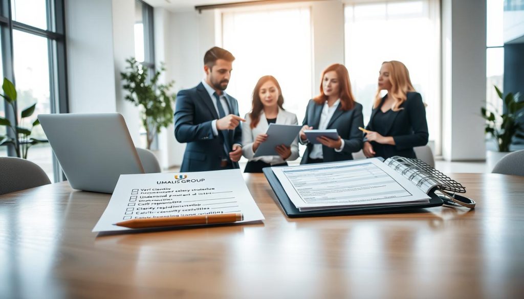 A professional checklist for company outsourcing, set in a sleek, modern office environment. In the foreground, a polished wooden table features a neatly arranged checklist paper with items such as "Verify client credentials", "Understand salary structure", and "Clarify responsibilities". Next to it, a stylish laptop displays a financial spreadsheet. In the middle ground, a diverse group of three professionals in business attire (one man and two women) are engaged in discussion, pointing at the checklist while jotting down notes. The background shows a bright office with large windows, soft natural light pouring in, and a potted plant. The mood is focused and collaborative. Include subtle branding elements of "UMALIS GROUP" on the checklist.
