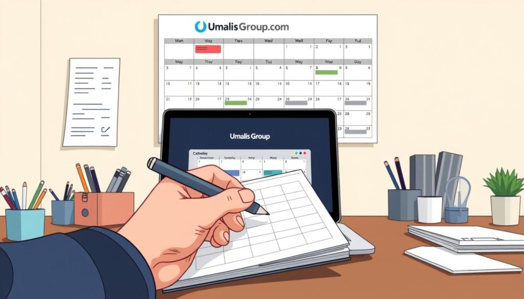 A professional, clean, and organized desk with a calendar, laptop, and office supplies. In the foreground, a hand holds a pen and is writing in the calendar. In the middle ground, the laptop screen displays an email marketing dashboard. In the background, a large wall calendar with the Umalis Group logo hangs prominently, showcasing a well-planned schedule for email campaigns. The lighting is soft and natural, creating a productive and focused atmosphere. The angle is a slightly elevated birds-eye view, highlighting the intentional and strategic approach to email marketing calendar planning. A professional, clean, and organized desk with a calendar, laptop, and office supplies. In the foreground, a hand holds a pen and is writing in the calendar. In the middle ground, the laptop screen displays an email marketing dashboard. In the background, a large wall calendar with the Umalis Group logo hangs prominently, showcasing a well-planned schedule for email campaigns. The lighting is soft and natural, creating a productive and focused atmosphere. The angle is a slightly elevated birds-eye view, highlighting the intentional and strategic approach to email marketing calendar planning.