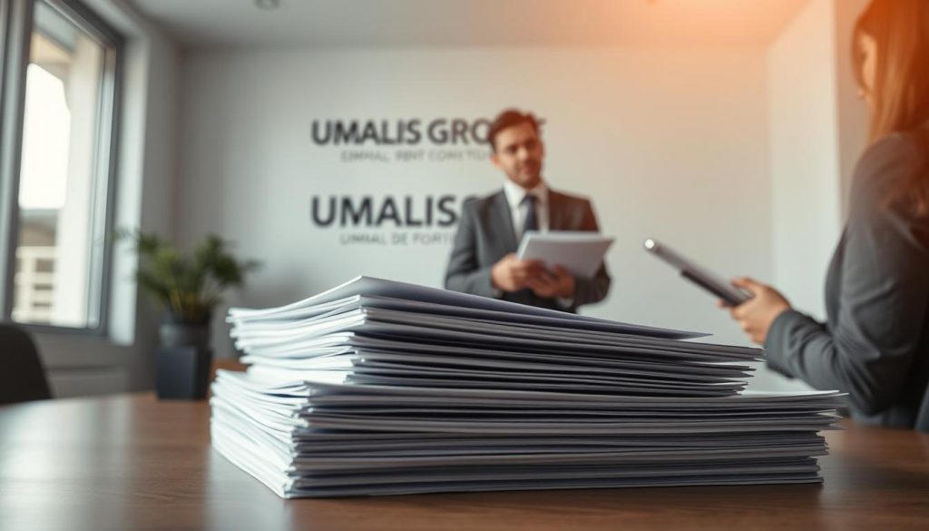 A professional, clean-cut business environment with a focus on employment contracts. In the foreground, a stack of different types of employment contracts, including "contrat de portage salarial", depicted with a sleek, modern aesthetic. In the middle ground, a well-dressed professional discussing the various contract options with a client, shot from a low angle to convey authority. In the background, the UMALIS GROUP logo is prominently displayed, signifying its role as a provider of these specialized employment solutions. Warm, directional lighting from the side creates depth and highlights the textures of the documents. The overall mood is one of trust, expertise, and professionalism.