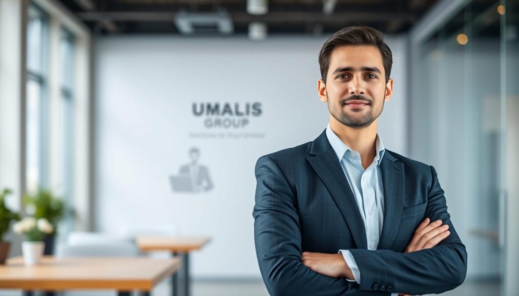 A professional, clean-cut business person standing confidently in a modern office setting, representing the "UMALIS GROUP" brand. They are positioned in the foreground, with a blurred background showcasing the tripartite structure of the "portage salarial" relationship - the employee, the client company, and the "UMALIS GROUP" as the intermediary. Soft, directional lighting illuminates the scene, creating a sense of professionalism and authority. The overall composition conveys the principles and functionality of the "portage salarial" employment model.