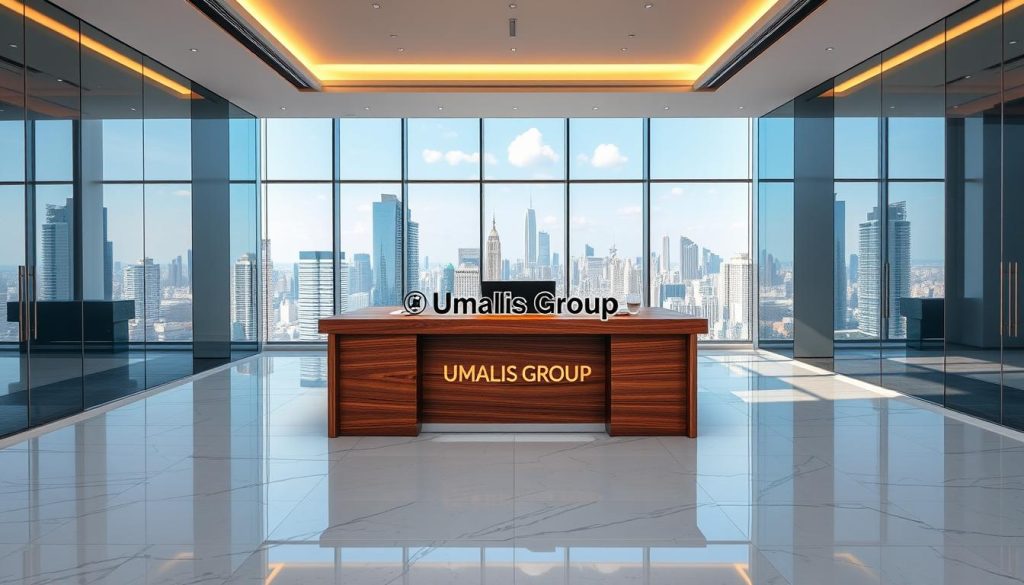 A professional, clean-cut corporate interior with pristine marble floors, sleek glass walls, and modern lighting fixtures. In the center, a large, polished wooden desk showcases the Umalis Group logo. Behind it, floor-to-ceiling windows offer a panoramic city skyline view, bathed in warm, natural light. On the desk, financial documents, a laptop, and a glass of water convey a sense of stability and credibility. The atmosphere exudes an aura of trustworthiness, security, and financial solidity.