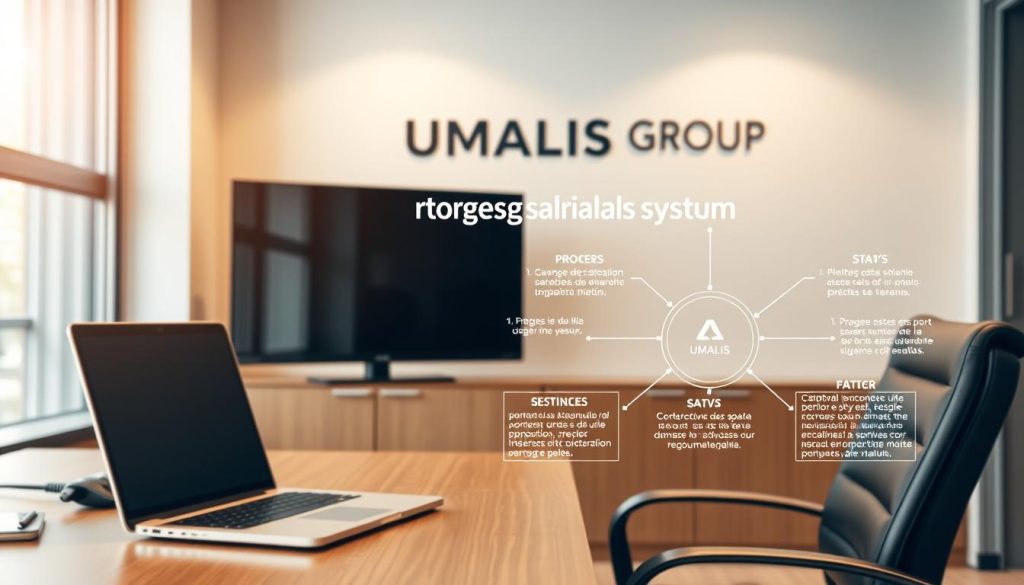 A professional, clean-cut corporate office setting with a desk, chair, and laptop computer on it. In the foreground, a diagram or infographic illustrates the key steps and components of the "portage salarial" system, with clear labels and visual cues. In the background, the UMALIS GROUP logo is prominently displayed, conveying the company's expertise and authority in this domain. The lighting is warm and inviting, creating a sense of professionalism and trust. The overall mood is one of clarity, organization, and confidence in the "portage salarial" process.
