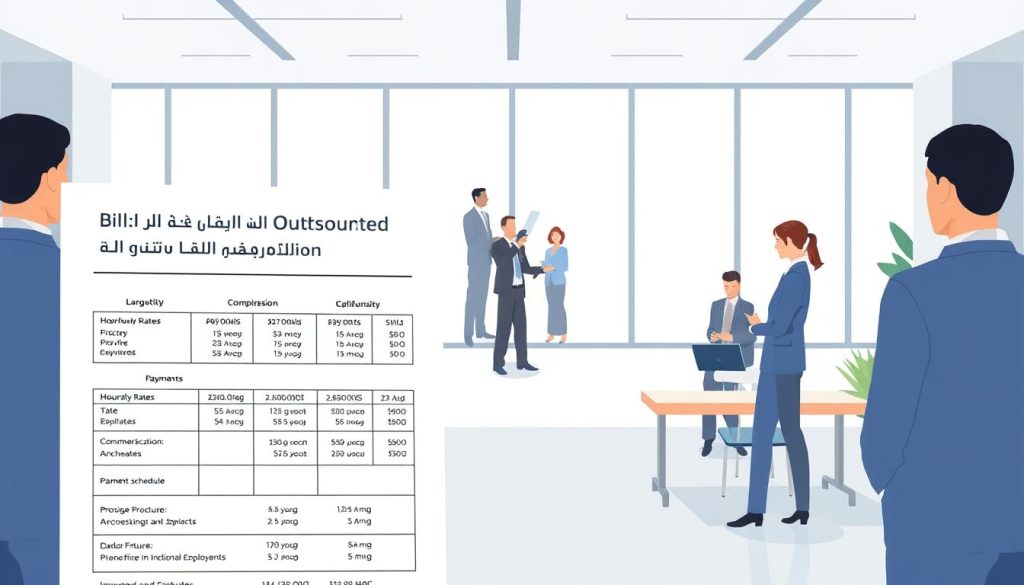 A professional, clean-cut illustration of "Billing Modalities in Outsourced Employment" for the Umalis Group. A sleek, modern design with a light, airy color palette. In the foreground, a detailed breakdown of the billing structure, including hourly rates, commission structures, and payment schedules. In the middle ground, a group of well-dressed professionals discussing invoicing and contracts. In the background, a minimal, minimalist office setting with large windows, providing a sense of openness and transparency. The overall mood is one of professionalism, efficiency, and attention to detail, reflecting the Umalis Group's expertise in the field of outsourced employment. A professional, clean-cut illustration of "Billing Modalities in Outsourced Employment" for the Umalis Group. A sleek, modern design with a light, airy color palette. In the foreground, a detailed breakdown of the billing structure, including hourly rates, commission structures, and payment schedules. In the middle ground, a group of well-dressed professionals discussing invoicing and contracts. In the background, a minimal, minimalist office setting with large windows, providing a sense of openness and transparency. The overall mood is one of professionalism, efficiency, and attention to detail, reflecting the Umalis Group's expertise in the field of outsourced employment.