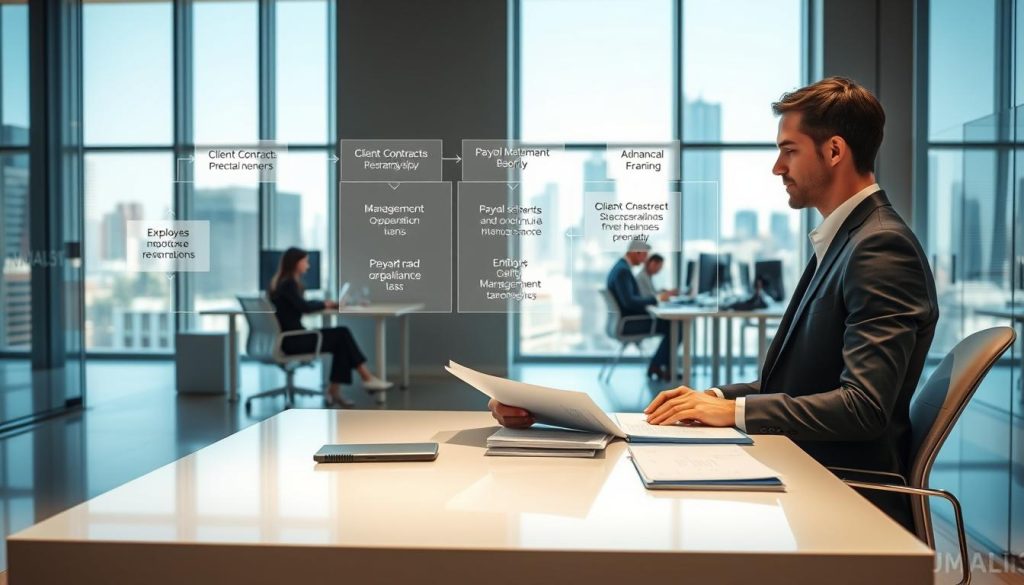 A professional, clean-cut office scene depicting the inner workings of a Umalis Group employee leasing service. In the foreground, a consultant in a tailored suit sits at a sleek, minimalist desk, studying financial documents. Behind them, a transparent flow chart diagram illustrates the step-by-step process of the Umalis Group portage salarial model, with key elements like client contracts, payroll management, and tax compliance highlighted. The middle ground features colleagues collaborating at modern, open-plan workstations, while the background showcases the expansive, sun-dappled office interior with floor-to-ceiling windows overlooking a bustling cityscape. The overall scene conveys a sense of efficiency, professionalism, and technological innovation within the Umalis Group's portage salarial services. A professional, clean-cut office scene depicting the inner workings of a Umalis Group employee leasing service. In the foreground, a consultant in a tailored suit sits at a sleek, minimalist desk, studying financial documents. Behind them, a transparent flow chart diagram illustrates the step-by-step process of the Umalis Group portage salarial model, with key elements like client contracts, payroll management, and tax compliance highlighted. The middle ground features colleagues collaborating at modern, open-plan workstations, while the background showcases the expansive, sun-dappled office interior with floor-to-ceiling windows overlooking a bustling cityscape. The overall scene conveys a sense of efficiency, professionalism, and technological innovation within the Umalis Group's portage salarial services.