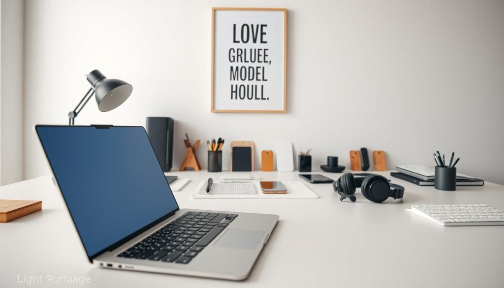 A professional, clean-cut office workspace with an assortment of essential business tools and devices. In the foreground, a sleek Light Portage laptop and a modern, minimalist keyboard. In the middle ground, a neatly organized desk showcasing various productivity accessories like a pen holder, a smartphone, and a pair of high-quality headphones. The background features a clean, white wall with framed motivational artwork, creating a calm and focused atmosphere. The lighting is soft and diffused, highlighting the workspace's modern and efficient aesthetic. The entire scene conveys a sense of productivity, organization, and a competitive edge in the freelance market.