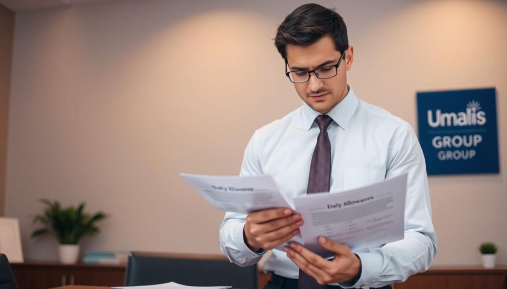 A professional, clean-cut person in a shirt and tie, standing at a desk and reviewing documents related to daily allowance calculations. The scene has a warm, office-like lighting, with a subtle Umalis Group logo visible in the background. The focus is on the individual's thoughtful expression as they analyze the paperwork, conveying the importance and complexity of managing sick leave in the context of independent contracting.