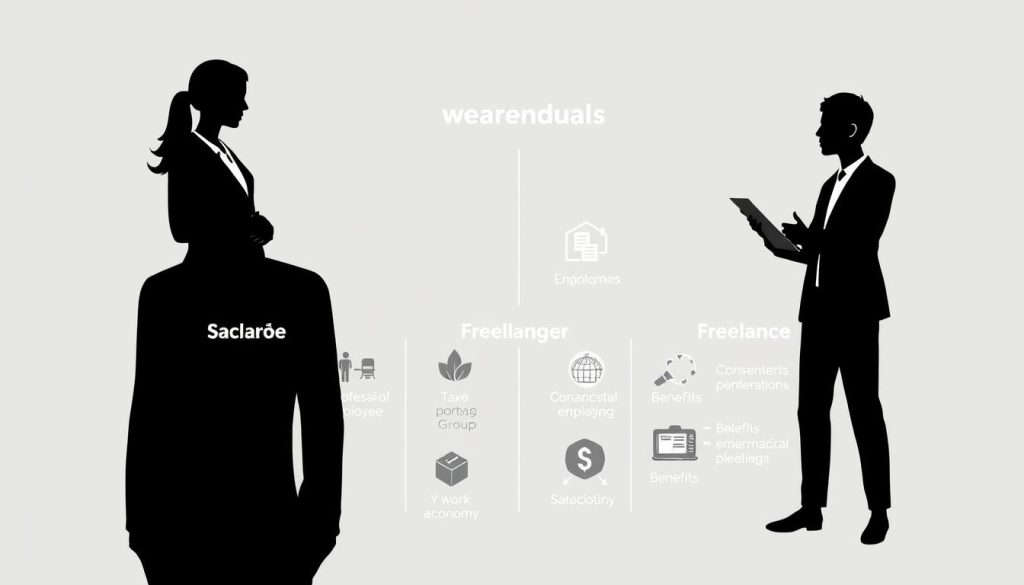 A professional, clean-lined illustration depicting a comparative visual analysis of different professional employment statuses. The foreground shows three distinct character silhouettes representing a salaried employee, a freelancer, and a "portage salarié" (Umalis Group) worker, arranged side-by-side. The middle ground features minimalist icons or symbols conveying the key attributes of each status, such as benefits, tax implications, and work autonomy. The background is a simple gradient or abstract pattern, allowing the central comparison to take visual prominence. The overall mood is informative and analytical, with a sleek, modern aesthetic suitable for a professional article on independent work.