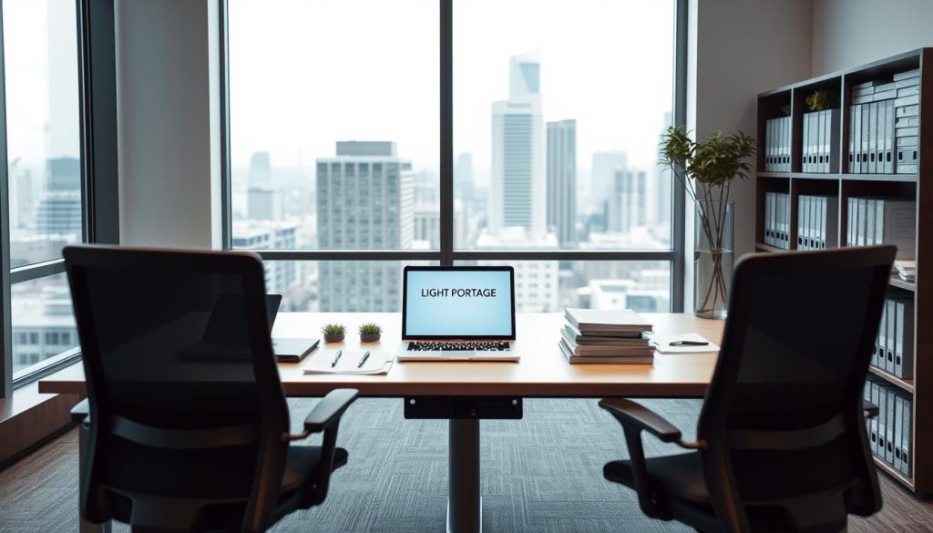 A professional, cleanly-lit photograph of a clean, modern office interior with large windows overlooking a cityscape. In the center of the frame, a neatly organized desk displays various documents and a laptop displaying the LIGHT PORTAGE brand logo. The foreground features ergonomic office chairs and shelves filled with binders, while the background showcases a sophisticated, minimalist decor. The overall mood is one of efficiency, professionalism, and a sense of clarity around the "Criteria for Eligibility and Qualification Levels" for the LIGHT PORTAGE portage salarial service.