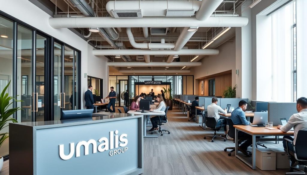 A professional co-working space featuring the Umalis Group brand, showcasing a modern and collaborative office environment for employee portage. In the foreground, a stylish reception desk with the Umalis logo prominently displayed. In the middle ground, groups of employees working together at sleek desks, surrounded by glass partitions and abundant natural light. The background depicts a high-ceilinged open-plan layout with contemporary furnishings and subtle branding elements. The overall atmosphere conveys a sense of productivity, flexibility, and a commitment to employee wellbeing within the Umalis mutual enterprise portage salarial model.