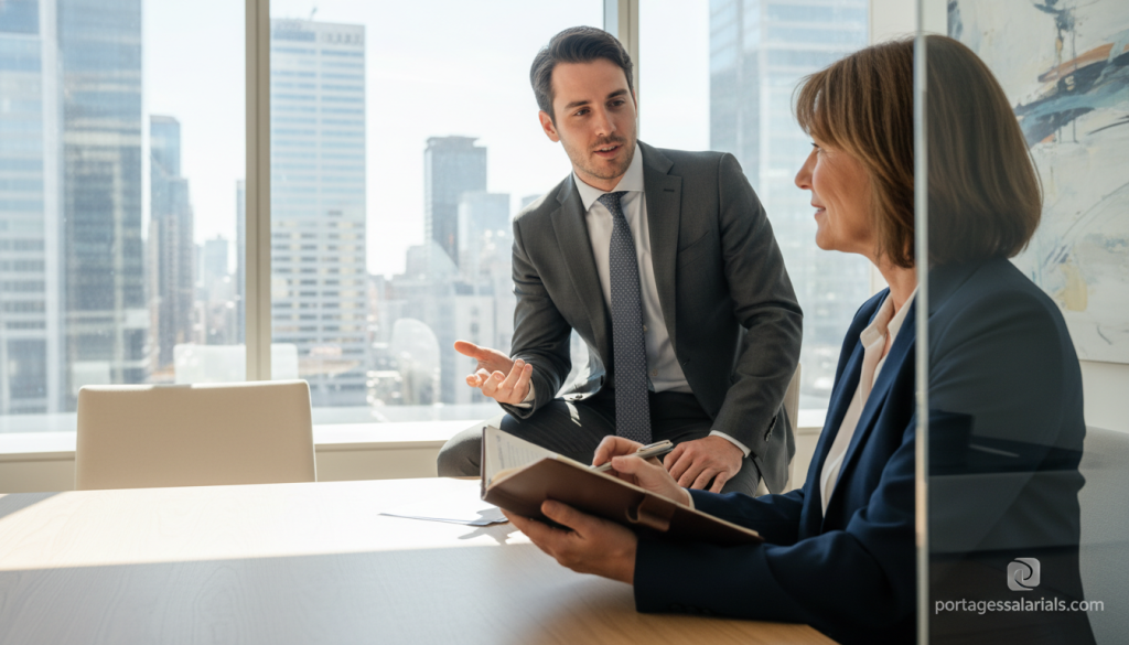 A professional coach in a modern office environment, engaged in a discussion with a client. In the foreground, the coach, a middle-aged woman dressed in smart business attire, holds a notebook and pen, displaying an attentive expression. In the middle ground, the client, a young man in a tailored suit, gestures thoughtfully, suggesting an open exchange of ideas. The background features a large window with a city view, allowing natural light to fill the space, creating a warm and inviting atmosphere. Soft shadows are cast by elegant office furniture. The scene conveys a sense of collaboration and professionalism, illustrating the concept of "portage salarial" effectively. Include a subtle logo for "portagesalarials.com" in the corner, ensuring a seamless integration into the business setting.