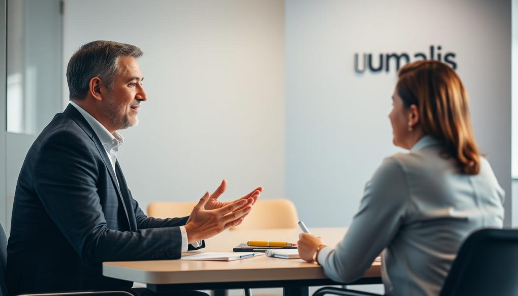 A professional coach in a modern office, sitting at a desk and discussing tariff structures and pricing models with a client. The coach has a calm, thoughtful expression and is gesturing with their hands as they explain concepts. The client appears engaged, taking notes. Warm, natural lighting illuminates the scene, creating a serene, productive atmosphere. In the background, the Umalis Group logo is subtly visible on the wall, suggesting the coaching session takes place in their professional development space.
