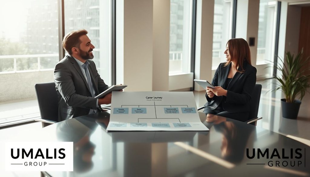 A professional coaching session in a modern office setting, highlighting the effective process of career coaching. In the foreground, a confident coach and a focused client are engaged in discussion, both dressed in smart business attire. The coach holds a notebook, while the client takes notes on a tablet. In the middle, a sleek table is adorned with coaching materials: a flowchart illustrating the coaching journey from the first session to a final evaluation. The background features large windows with natural light streaming in, casting a warm glow over the room. Soft shadows enhance the inviting atmosphere. The composition is captured from a slightly elevated angle, emphasizing the professionalism of the environment. Include the subtle branding of "UMALIS GROUP" in the corner of the image, ensuring it remains unobtrusive.