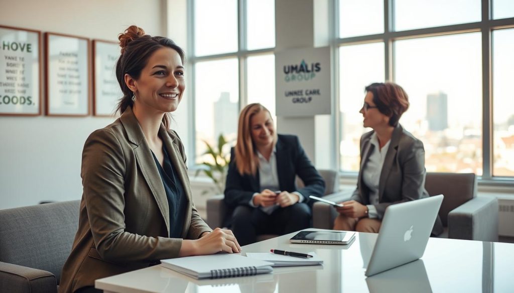 A professional coaching session taking place in a bright, modern office environment. In the foreground, a woman named Anne, in her 30s, is engaged in a thoughtful conversation with a career advisor. She is wearing smart casual attire, and her expression reflects hope and determination. The middle ground features a large window with natural light flooding in, casting soft shadows on sleek furniture, including a table filled with notebooks and digital devices. On the wall, there are framed inspirational quotes and a logo of UMALIS GROUP, subtly integrated into the decor. In the background, a vibrant cityscape is visible through the window, symbolizing opportunity and growth. The overall mood is uplifting, showcasing the theme of reconversion and success through professional guidance.
