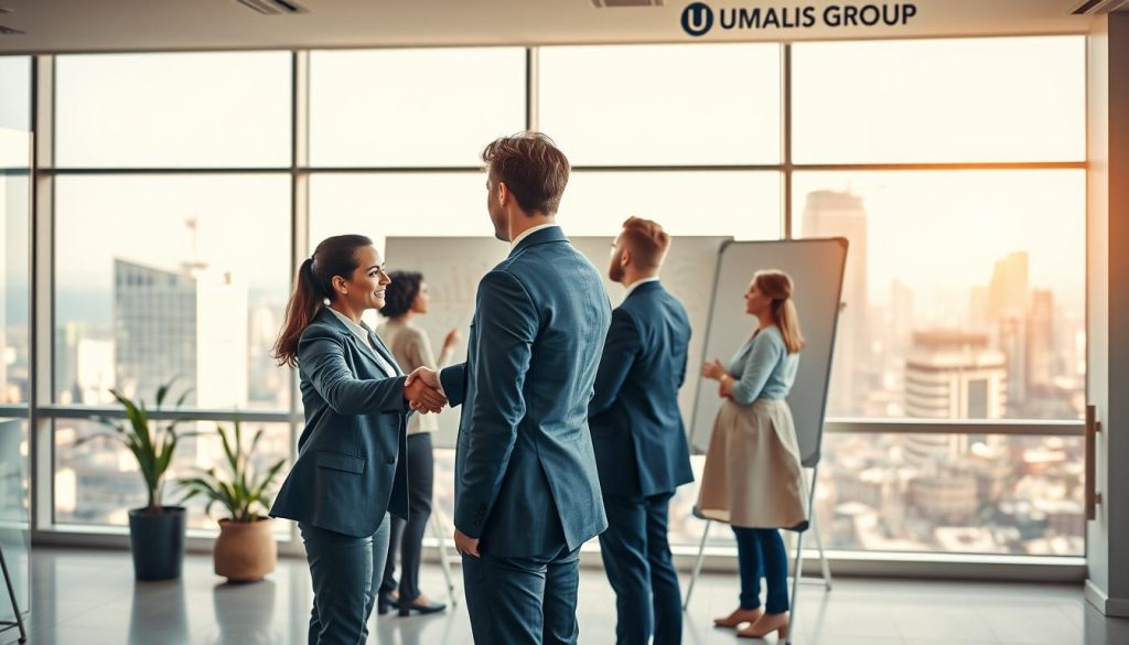A professional collaboration in a modern, airy office setting. In the foreground, two businesspeople shake hands, symbolizing a successful partnership. The middle ground features a team of diverse colleagues brainstorming ideas on a whiteboard, with a UMALIS GROUP logo prominently displayed. The background showcases large windows overlooking a vibrant city skyline, bathed in warm, natural lighting. The overall atmosphere conveys a sense of synergy, productivity, and the advantages of a supportive, collaborative work environment.