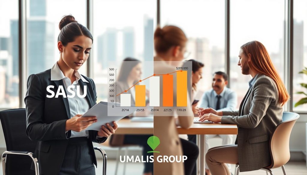 A professional comparative analysis image illustrating "Comparaison des cadres professionnels et des revenus." In the foreground, depict two visually distinct sections, one representing SASU with a sleek, modern office setting, featuring a confident businesswoman in professional attire reviewing financial reports, and the other representing portage salarial with a collaborative workspace where diverse professionals are engaged in discussion around a table, dressed in smart casual clothing. In the middle ground, include a balanced chart or infographic that highlights income differences and career flexibility, seamlessly integrating into the scene. The background should show a cityscape through office windows, symbolizing professional growth and opportunities. Use soft, natural lighting to create an inviting atmosphere. Incorporate the brand name "UMALIS GROUP" subtly within the design.