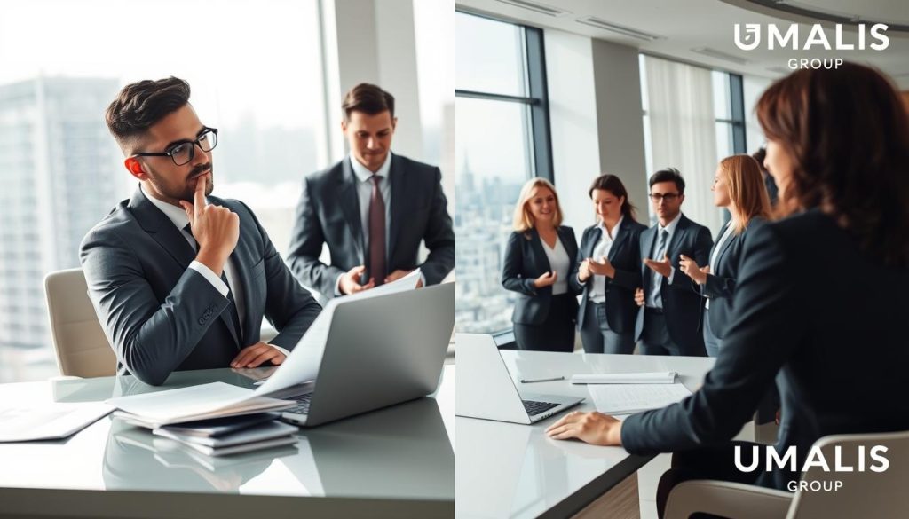 A professional comparison of various employment statuses, featuring a split-screen design. On one side, a confident, well-dressed independent professional thoughtfully analyzing options at a sleek desk, surrounded by documents and a laptop, conveying a focused atmosphere. On the opposite side, a diverse group of professionals in business attire discussing in a bright, modern office space, symbolizing collaboration and growth. Use soft natural lighting to highlight their expressions and lively interaction. The background should include a calm cityscape view through large windows, indicating professionalism and opportunity. Incorporate the logo of UMALIS GROUP subtly in the environment. The overall mood should be optimistic and empowering, demonstrating the benefits of different professional statuses.
