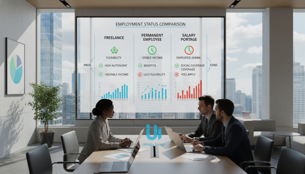 A professional comparison of various employment statuses, illustrating a modern office environment. In the foreground, a diverse group of three business professionals in business attire—one woman and two men—are engaged in discussion around a sleek conference table, with laptops and documents reflecting metrics and graphs. In the middle ground, a large digital screen displays a colorful infographic comparing different employment statuses, such as "freelance," "permanent," and "salary portage," emphasizing key advantages and disadvantages. The background features a bright, well-lit office with large windows showcasing a city skyline, creating an atmosphere of professionalism and collaboration. The overall mood is serious yet optimistic, emphasizing informed decision-making. Soft, natural lighting casts gentle shadows, with a focus on detail to enhance clarity in the comparison. Incorporate the brand name "Umalis Group" subtly into the office decor.
