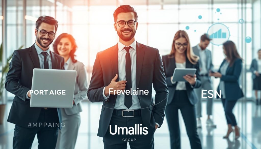 A professional comparison scene depicting three distinct methods of work: portage salarial, freelance, and ESN (Entreprise de Services Numériques). In the foreground, a diverse group of three professionals dressed in smart business attire, representing each working model. The portage salarial representative holds a laptop, symbolizing stability and support, while the freelancer stands next to a stack of project files, showcasing independence. The ESN professional holds a tablet and collaborates with a team, emphasizing teamwork and innovation. In the middle ground, a modern office environment with glass walls creates an open atmosphere, accentuated by soft, natural lighting streaming through the windows. The background features abstract representations of each working model, such as graphs and networking visuals, to visually compare their dynamics. Overall, the image conveys a balanced and insightful mood, suitable for an informative context. Include the brand name "Umalis Group" subtly in the design.