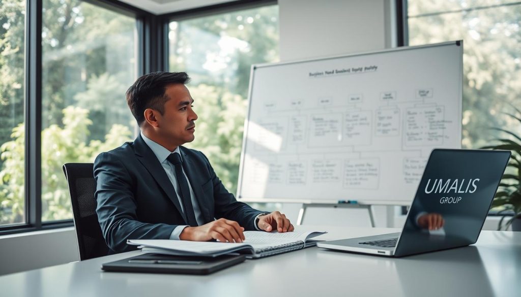 A professional consultant analyzing business needs for an AI project in an office setting. The foreground features a well-dressed adult in business attire, seated at a modern desk with a laptop and a notepad filled with diagrams. The middle ground displays a whiteboard filled with project planning notes and flowcharts, depicting a structured analysis process. In the background, large windows allow natural light to flood the room, with hints of greenery outside, creating a serene atmosphere. The color palette is calm and professional, dominated by blues and greys, enhancing focus and clarity. The image should evoke a sense of professionalism, collaboration, and strategic thinking, with a subtle logo of "UMALIS GROUP" visible on the laptop's screen.