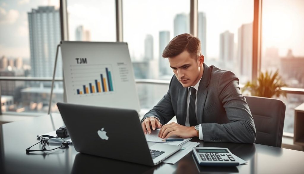 A professional consultant analyzing financial calculations related to "TJM" (Tarif Journalier Moyen) in a sleek, modern office environment. In the foreground, a focused individual in business attire is seen working on a laptop, with financial documents and a calculator spread out on the desk. The middle ground features a whiteboard with charts and graphs detailing portage salarial. In the background, large windows reveal a bustling cityscape, flooding the room with natural light that creates a bright and uplifting atmosphere. The lens captures a soft focus on the background while sharply defining the consultant's intense expression. The overall mood is one of professionalism, clarity, and modernity, emphasizing the financial theme. Include subtle branding elements for "Umalis Group" in a discreet manner within the office decor. A professional consultant analyzing financial calculations related to "TJM" (Tarif Journalier Moyen) in a sleek, modern office environment. In the foreground, a focused individual in business attire is seen working on a laptop, with financial documents and a calculator spread out on the desk. The middle ground features a whiteboard with charts and graphs detailing portage salarial. In the background, large windows reveal a bustling cityscape, flooding the room with natural light that creates a bright and uplifting atmosphere. The lens captures a soft focus on the background while sharply defining the consultant's intense expression. The overall mood is one of professionalism, clarity, and modernity, emphasizing the financial theme. Include subtle branding elements for "Umalis Group" in a discreet manner within the office decor.