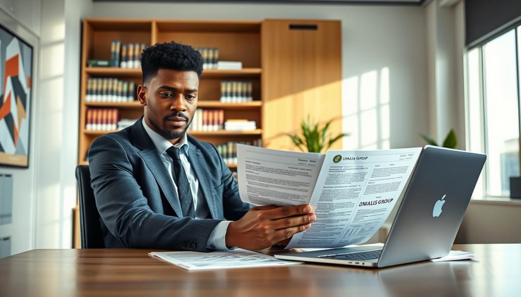 A professional consultant character, dressed in smart business attire, sitting at a sleek, modern desk in an office environment with a laptop open and financial documents spread out. In the foreground, focus on a confident, diverse individual reviewing a detailed financing dossier, with the UMALIS GROUP logo subtly displayed on one document. The middle ground features shelves lined with books on business and finance, complemented by a potted plant for a touch of warmth. In the background, large windows provide bright, natural light, casting soft shadows that enhance the room's professionalism. The overall mood is one of determination and focus, emphasizing the importance of preparation and knowledge in securing funding before the 2026 deadline.