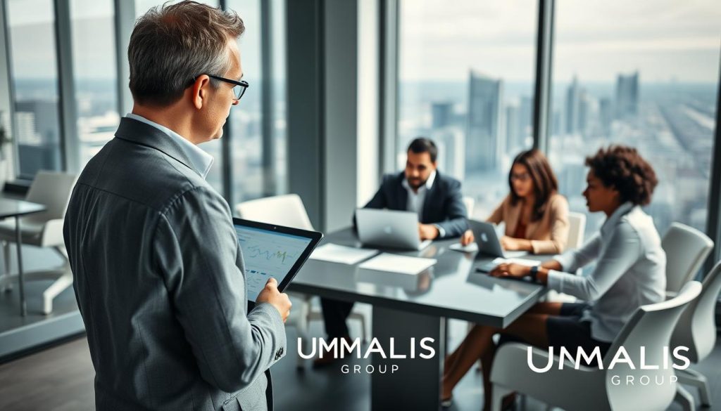 A professional consultant discussing local LLM needs with a diverse group of clients in a modern office setting. In the foreground, the consultant, a middle-aged person in business attire, holds a tablet displaying data analytics, while engaged in conversation. The middle ground features three clients of different ethnic backgrounds seated at a sleek conference table, with documents and laptops open before them. The background showcases a large window with a city skyline view, emphasizing a bright, collaborative atmosphere with natural light streaming in. The mood is focused yet encouraging, embodying the idea of thoughtful deliberation on local LLM constraints. The setting should reflect professionalism and modernity, highlighted by a minimalist but sophisticated decor. The logo of UMALIS GROUP is subtly integrated into the decor.