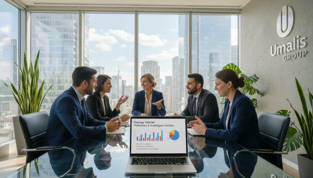 A professional consultant, dressed in a smart business suit, is engaging with a diverse group of other consultants in a modern, well-lit office environment. In the foreground, a laptop displays charts and graphs highlighting the benefits of portage salarial. The consultants, both men and women of various ethnicities, are animatedly discussing and sharing ideas, symbolizing collaboration and support. In the background, large windows provide a view of a vibrant cityscape, reflecting a sunny day, which conveys optimism and opportunity. Soft, natural lighting enhances the welcoming atmosphere, while plants in the corners add a touch of greenery. The scene embodies the themes of protection and social advantages provided by portage salarial, subtly incorporating the brand name "Umalis Group" into the decor of the office space.