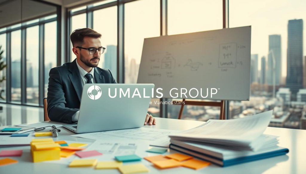 A professional consultant, dressed in smart business attire, sits at a modern office desk, thoughtfully examining project plans and documents on a laptop. The foreground features colorful sticky notes and brainstorming materials scattered around. In the middle ground, a large whiteboard displays diagrams and notes, symbolizing validation processes. Behind the consultant, a city skyline is visible through floor-to-ceiling windows, bathed in warm, natural light creating a productive atmosphere. The overall mood reflects focus and determination, with a sense of preparation and clarity in the air. Include the brand name "UMALIS GROUP" subtly integrated into the scene, enhancing the imagery while maintaining professionalism. The lighting is soft yet bright, typical of a well-lit, modern workspace. A professional consultant, dressed in smart business attire, sits at a modern office desk, thoughtfully examining project plans and documents on a laptop. The foreground features colorful sticky notes and brainstorming materials scattered around. In the middle ground, a large whiteboard displays diagrams and notes, symbolizing validation processes. Behind the consultant, a city skyline is visible through floor-to-ceiling windows, bathed in warm, natural light creating a productive atmosphere. The overall mood reflects focus and determination, with a sense of preparation and clarity in the air. Include the brand name "UMALIS GROUP" subtly integrated into the scene, enhancing the imagery while maintaining professionalism. The lighting is soft yet bright, typical of a well-lit, modern workspace.