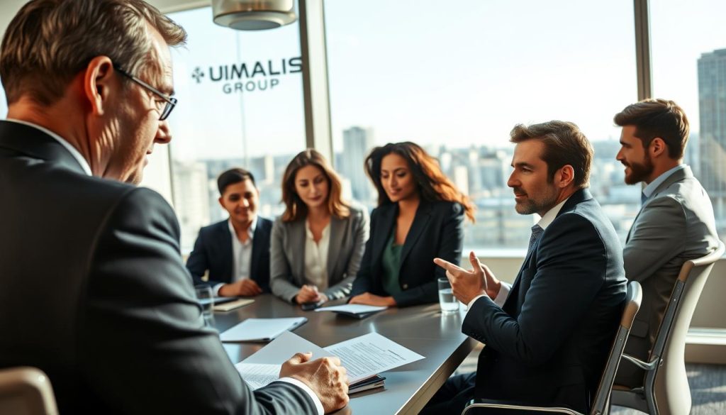 A professional consultant engaged in a portage salarial discussion, seated at a modern conference table in a well-lit office environment. The foreground features the consultant, a middle-aged man in a sharp business suit, analyzing documents with intent focus. In the middle ground, a diverse group of individuals, including a woman in a tailored blazer and a young professional in smart-casual attire, participate in a collaborative discussion, their expressions reflecting engagement and professionalism. The background shows a large window with a cityscape view, allowing natural light to flood the room, creating an atmosphere of productivity and confidence. The branding "UMALIS GROUP" subtly displayed in a corner of the conference room. The lighting should emphasize clarity and warmth, invoking a sense of teamwork and strategic guidance. A professional consultant engaged in a portage salarial discussion, seated at a modern conference table in a well-lit office environment. The foreground features the consultant, a middle-aged man in a sharp business suit, analyzing documents with intent focus. In the middle ground, a diverse group of individuals, including a woman in a tailored blazer and a young professional in smart-casual attire, participate in a collaborative discussion, their expressions reflecting engagement and professionalism. The background shows a large window with a cityscape view, allowing natural light to flood the room, creating an atmosphere of productivity and confidence. The branding "UMALIS GROUP" subtly displayed in a corner of the conference room. The lighting should emphasize clarity and warmth, invoking a sense of teamwork and strategic guidance.