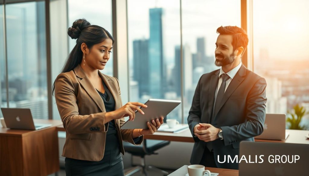 A professional consultant engaged in a strategic discussion with a client in a modern office space, symbolizing the concept of "AMOA IA portage salarial." In the foreground, the consultant, a South Asian woman in business attire, gestures towards a digital tablet displaying data analytics. The client, a Caucasian man in a suit, listens attentively with a thoughtful expression. In the middle, a large window showcases a vibrant cityscape, reflecting a tech-driven environment. The background includes a sleek desk with laptops, charts, and coffee cups, enhancing the professional atmosphere. Soft, warm lighting creates an inviting mood, while a subtle focus on the subjects draws attention to their collaboration. The logo "UMALIS GROUP" is subtly visible in the office setting, reinforcing the brand's presence.