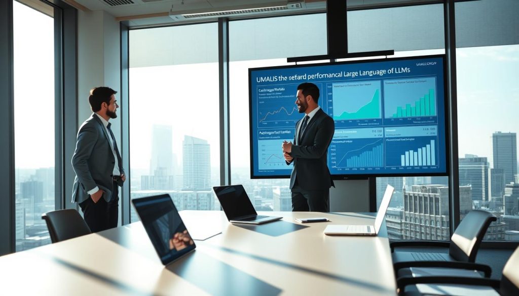 A professional consultant evaluates a large digital screen displaying data and metrics in a modern office environment. The consultant, dressed in formal business attire, stands engaged in discussion with a colleague, who takes notes. In the foreground, there is a sleek conference table with laptops and documents. The middle ground features the digital display showing charts and graphs relevant to the performance of LLMs (Large Language Models). In the background, large windows overlook a cityscape, allowing natural light to flood the room, creating an inviting and focused atmosphere. Soft shadows add depth, while the overall mood is one of collaboration and professionalism. The brand name "UMALIS GROUP" is subtly integrated into the office decor, enhancing the corporate setting.
