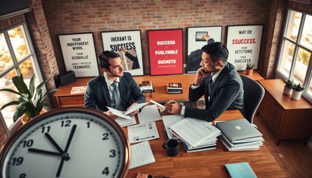 A professional consultant focused on time management, dressed in business attire, sits at a stylish wooden desk cluttered with documents and a laptop, engaged in a deep conversation with a client. In the foreground, a wall clock emphasizes the importance of time organization. In the middle ground, motivational posters related to independent work and success are subtly visible, adding to the workspace atmosphere. The background includes large windows that let in warm, natural light, creating a bright and inviting environment. The mood is focused yet motivational, capturing the essence of success in freelance work and consultancy. The composition features a slight overhead angle, emphasizing the interaction and the workspace's organized chaos. A professional consultant focused on time management, dressed in business attire, sits at a stylish wooden desk cluttered with documents and a laptop, engaged in a deep conversation with a client. In the foreground, a wall clock emphasizes the importance of time organization. In the middle ground, motivational posters related to independent work and success are subtly visible, adding to the workspace atmosphere. The background includes large windows that let in warm, natural light, creating a bright and inviting environment. The mood is focused yet motivational, capturing the essence of success in freelance work and consultancy. The composition features a slight overhead angle, emphasizing the interaction and the workspace's organized chaos.